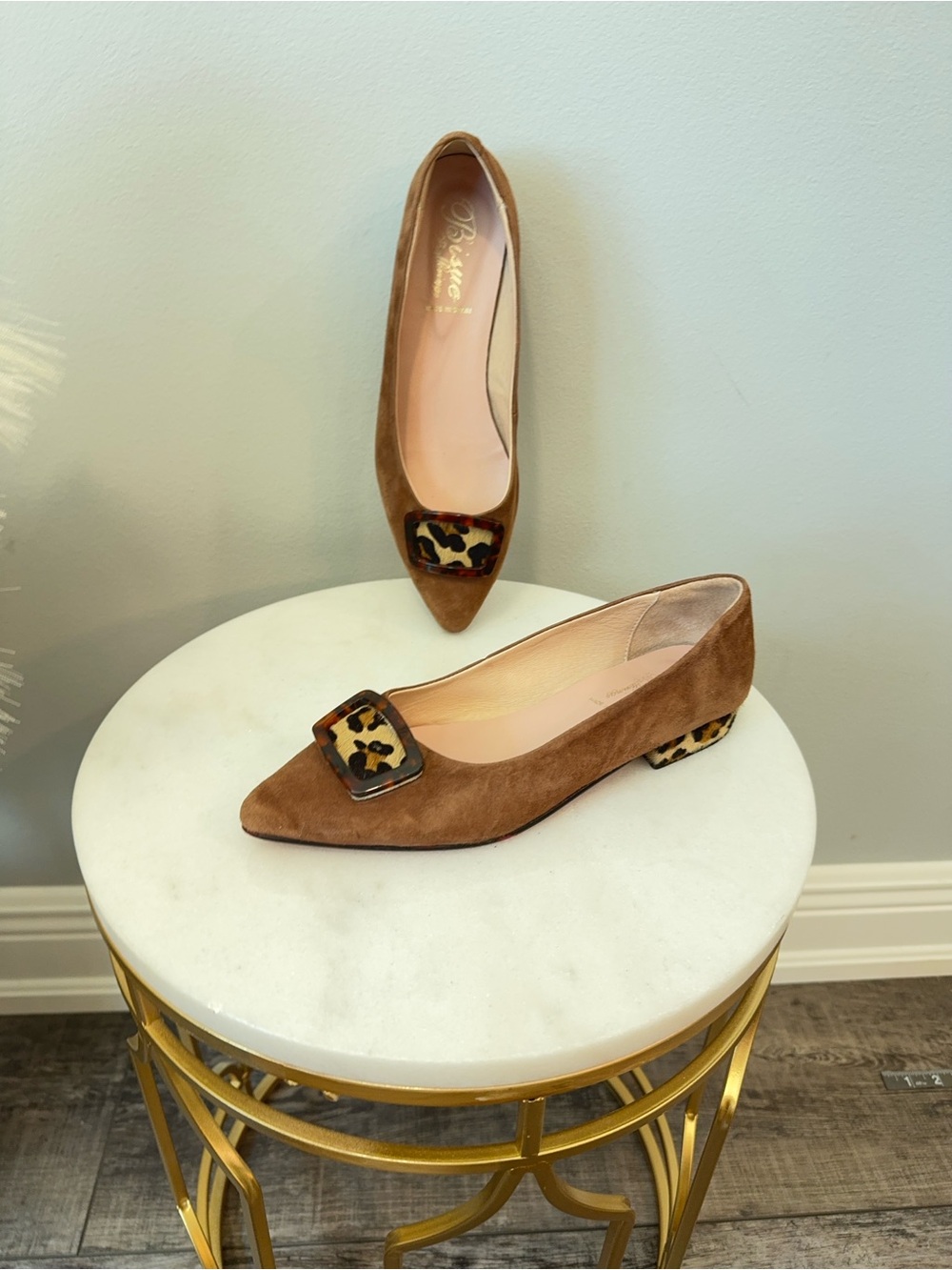 Bisue Ballerina Brown Suede Pointed-Toe Flats with Leopard Buckle